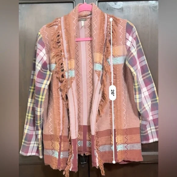 Gimmicks Patchwork Fringe Open Front Sweater Fringe flannel Sleeves Size Large - Picture 8 of 8